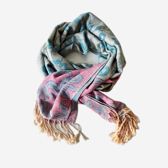Pashmina Scarf Wrap Blue Pink Fringe 72"x 27" EC - Picture 5 of 8